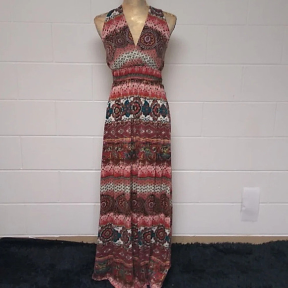 BOHO, SOFT, TEE SHIRT KNIT, CROSS OVER BACK, V-NECK, EMPIRE WAIST MAXI DRESS - Picture 5 of 5
